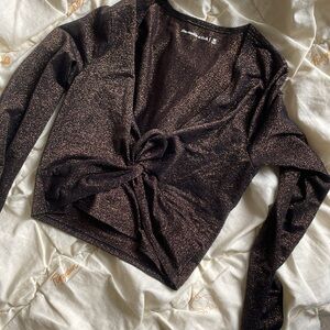 Abercrombie & Fitch Brown Gold Sparkle Twist Long Sleeve Crop Top